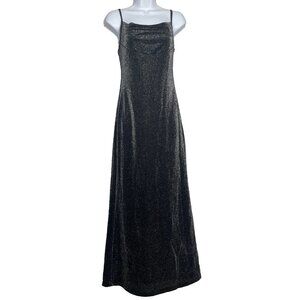 Vintage 90s Abiz Black Silver Metallic Glitter Maxi Dress Gown